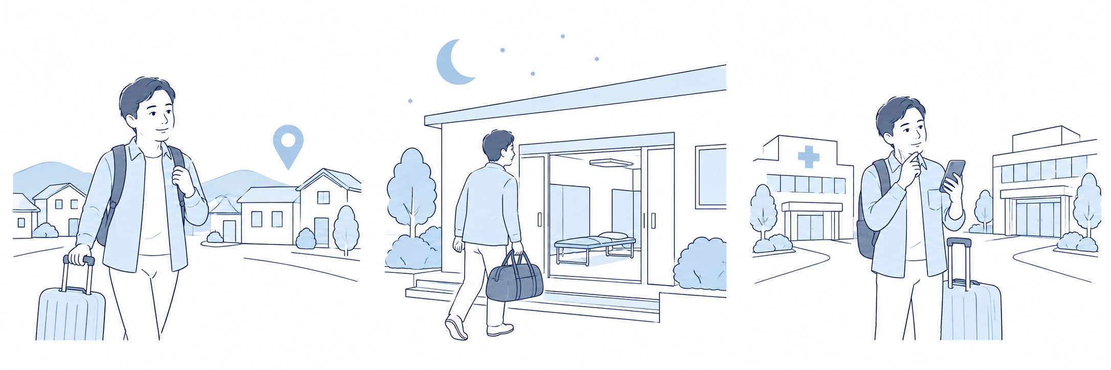 旅行かばんを持ち、別の地域の住まいへ避難する方のイメージ