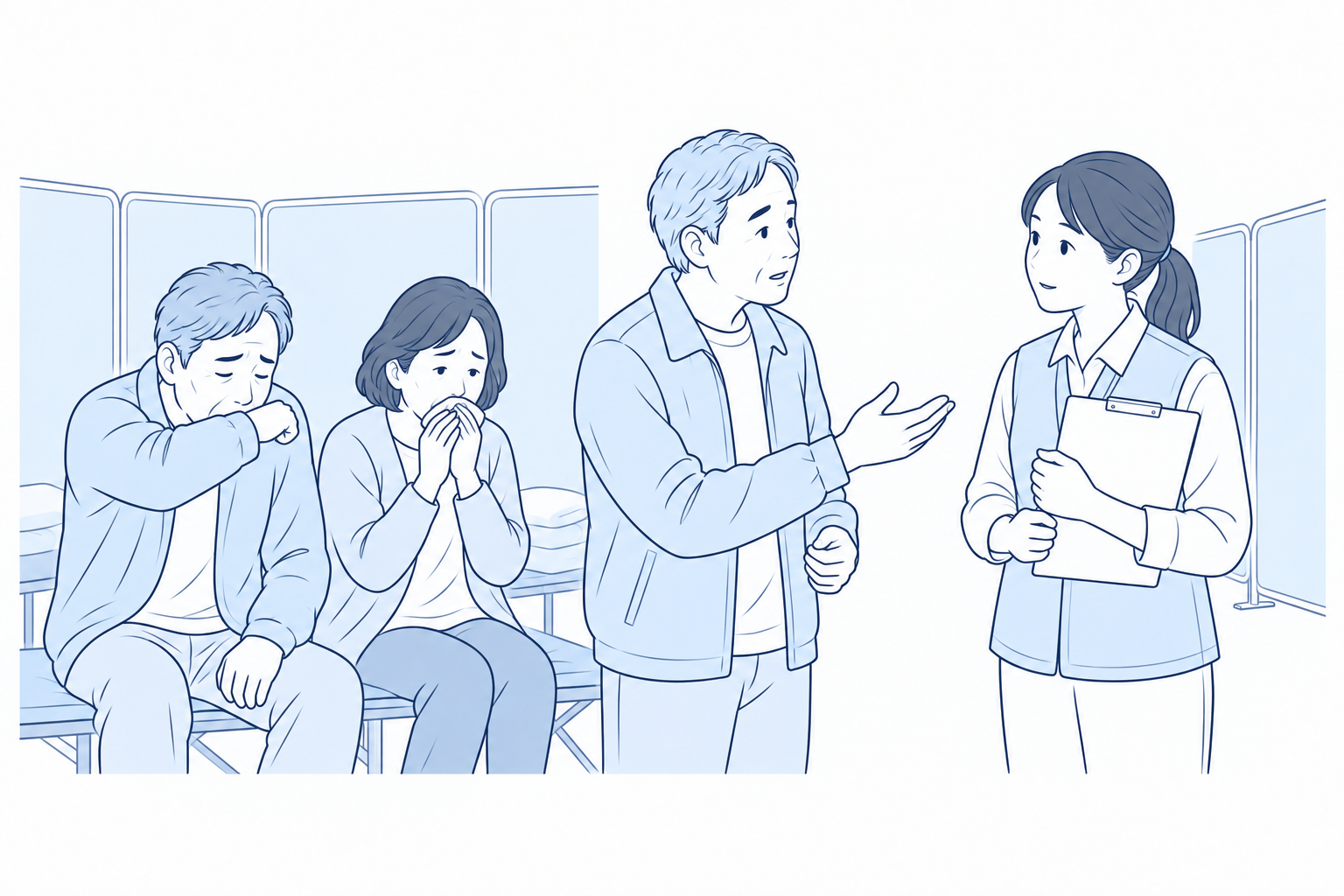 同じ避難先で複数の方に体調不良がみられ、周囲の方が現地の支援スタッフへ知らせるイメージ