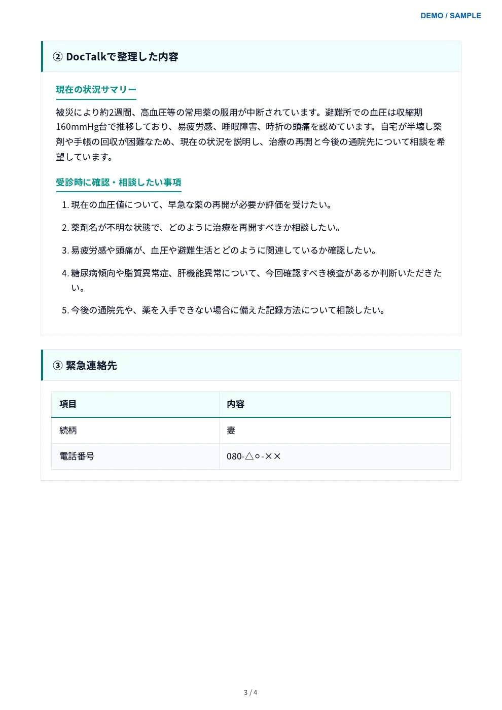 デモ版3ページ目。現在の状況サマリー、受診時に確認したい事項、緊急連絡先